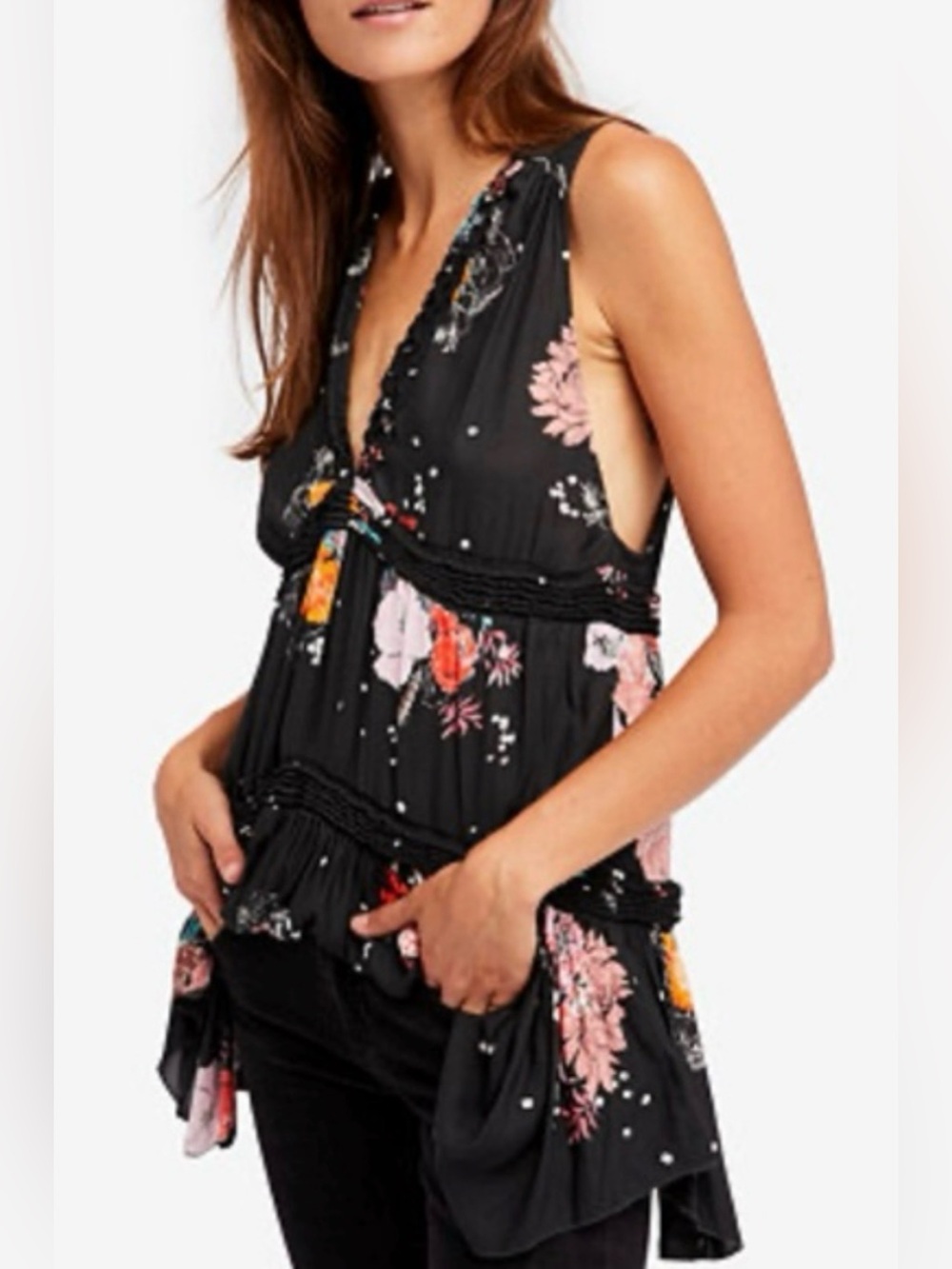 Free People Haze Floral Tiered Tunic Tank Top Black Floral Sleeveless Size Large